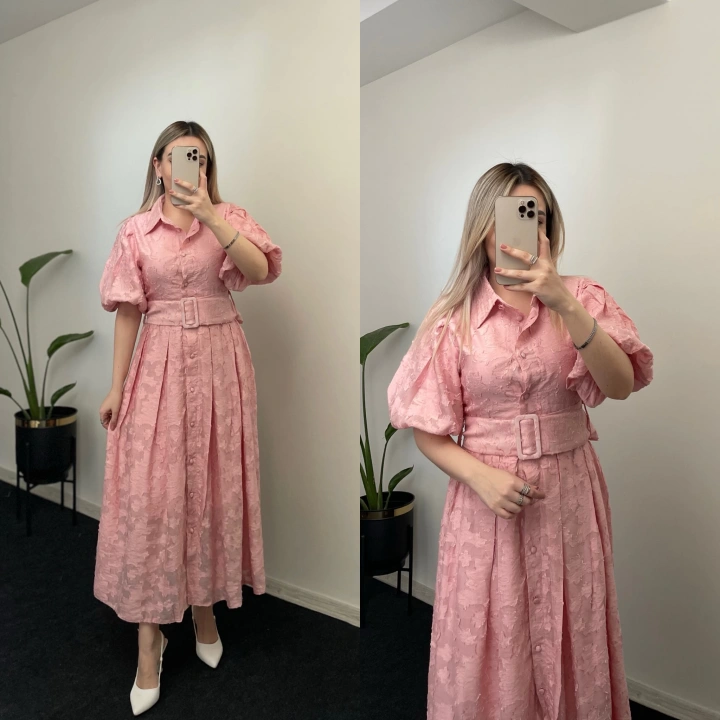 Pembe Balon Kol Kemerli Elbise
