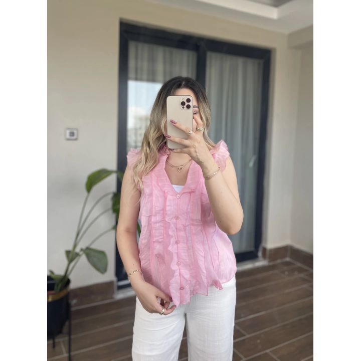 Pembe Kolsuz Fırfırlı Gömlek