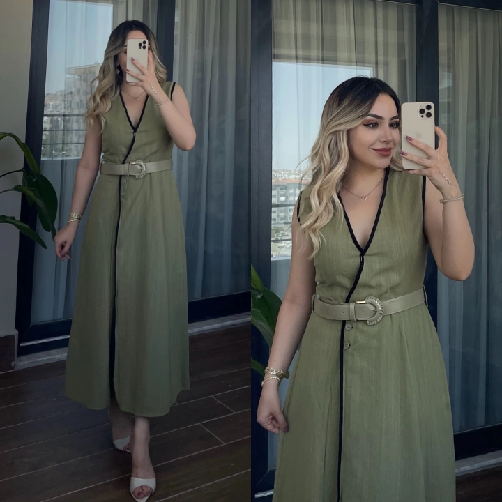 Biyeli Haki Yeşil Keten Elbise