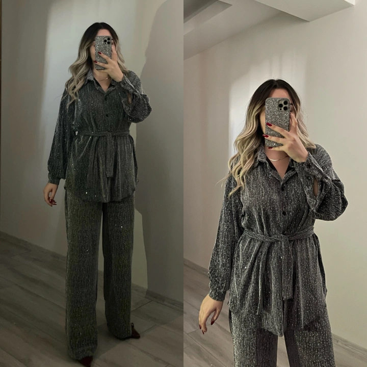 Gri Işıltılı Fularlı Takım