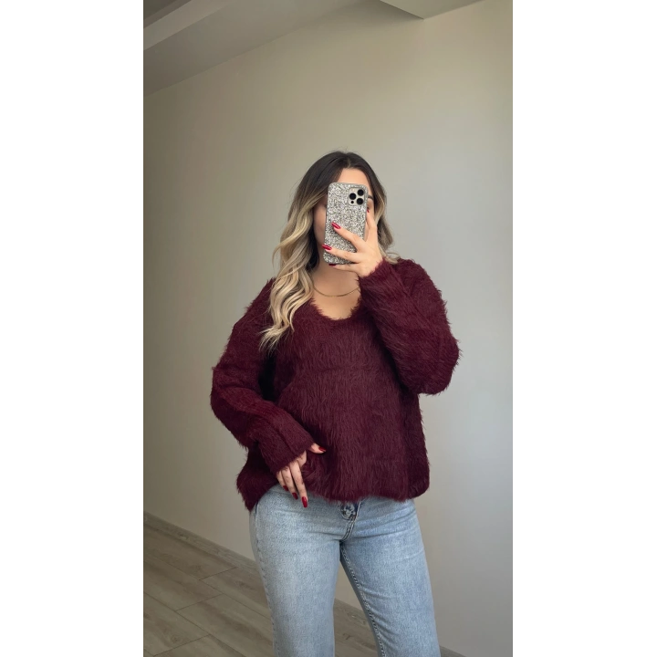 V Yaka Bordo Sakallı Kazak