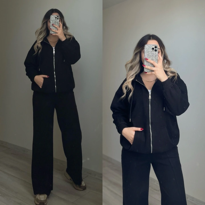 Siyah Kapuşonlu Triko Takım