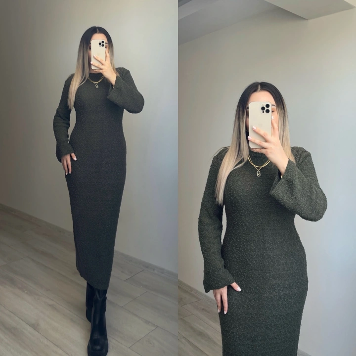 Dokulu Haki Triko Elbise