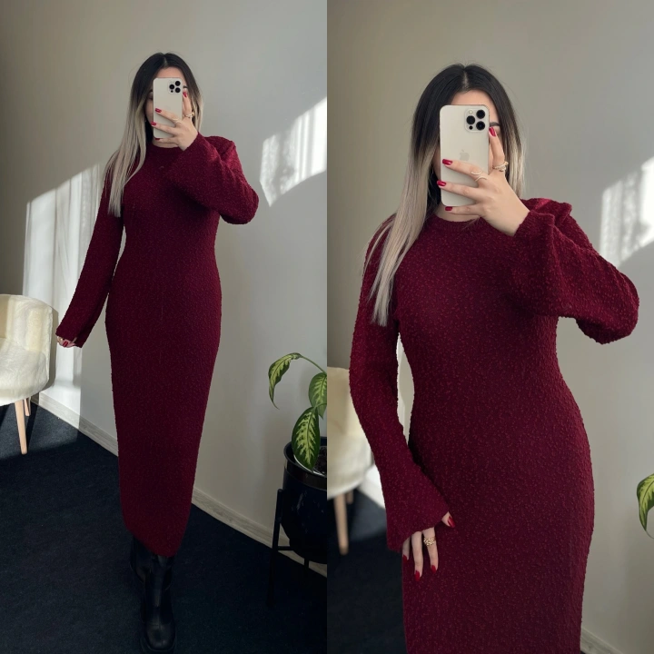 Dokulu Bordo Triko Elbise