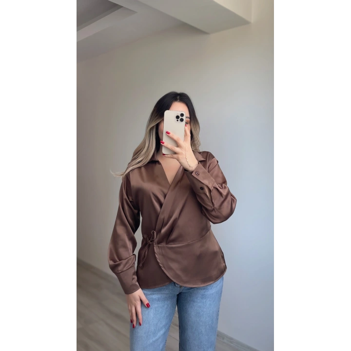 Saten Kahverengi Bluz