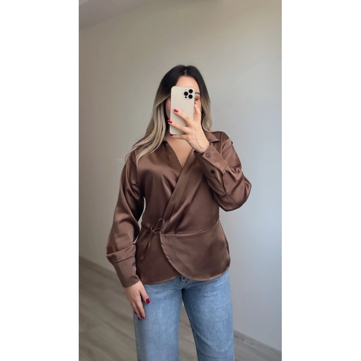Saten Kahverengi Bluz