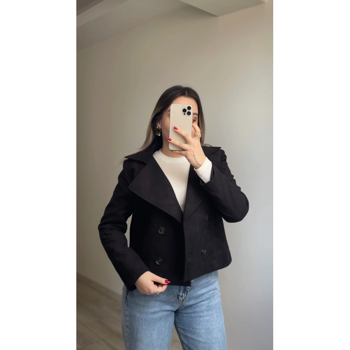 Siyah Kruvaze Süet Ceket