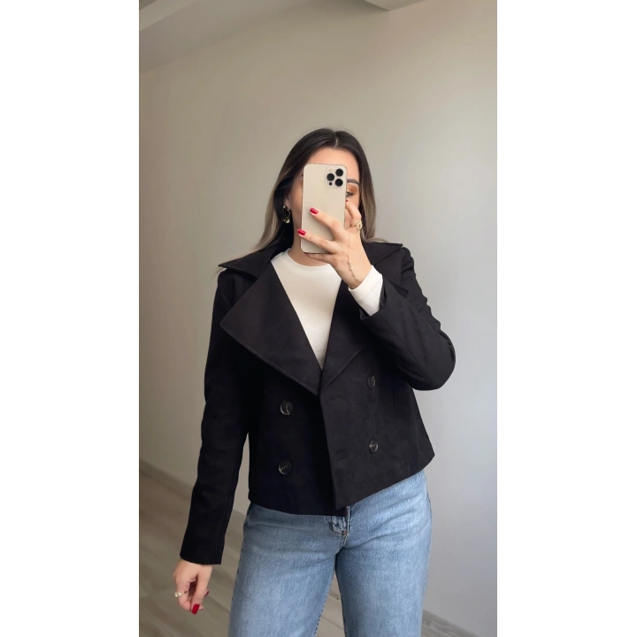 Siyah Kruvaze Süet Ceket