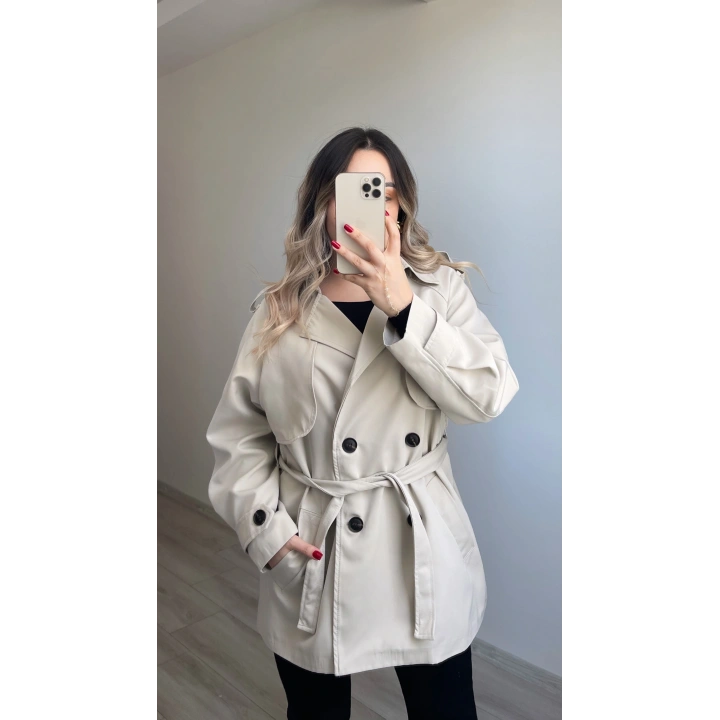 Premium Kalite Taş Rengi Ara Boy Trenç