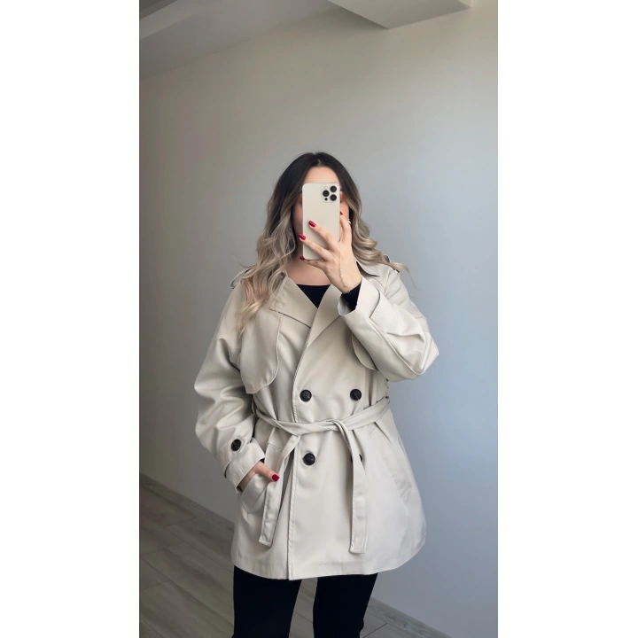 Premium Kalite Taş Rengi Ara Boy Trenç