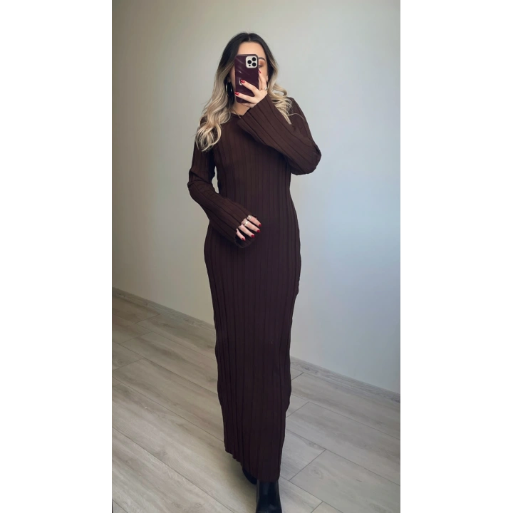 Arkadan Bağlamalı Acı Kahve Triko Elbise