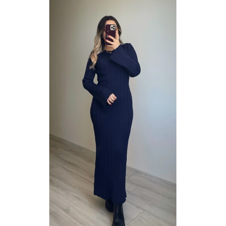 Arkadan Bağlamalı Lacivert Triko Elbise