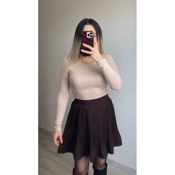 Acı Kahve Şortlu Pileli Etek