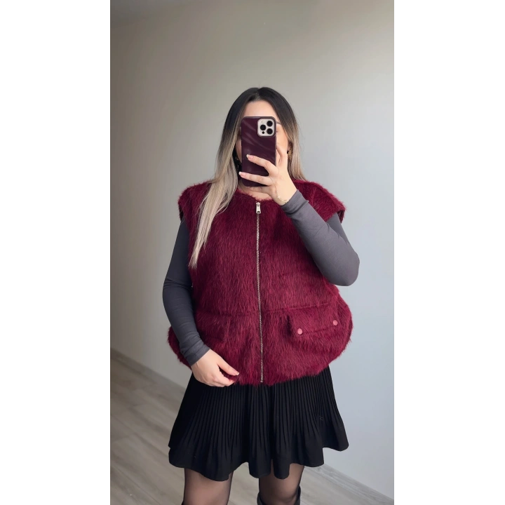 Bordo Tüylü Yelek