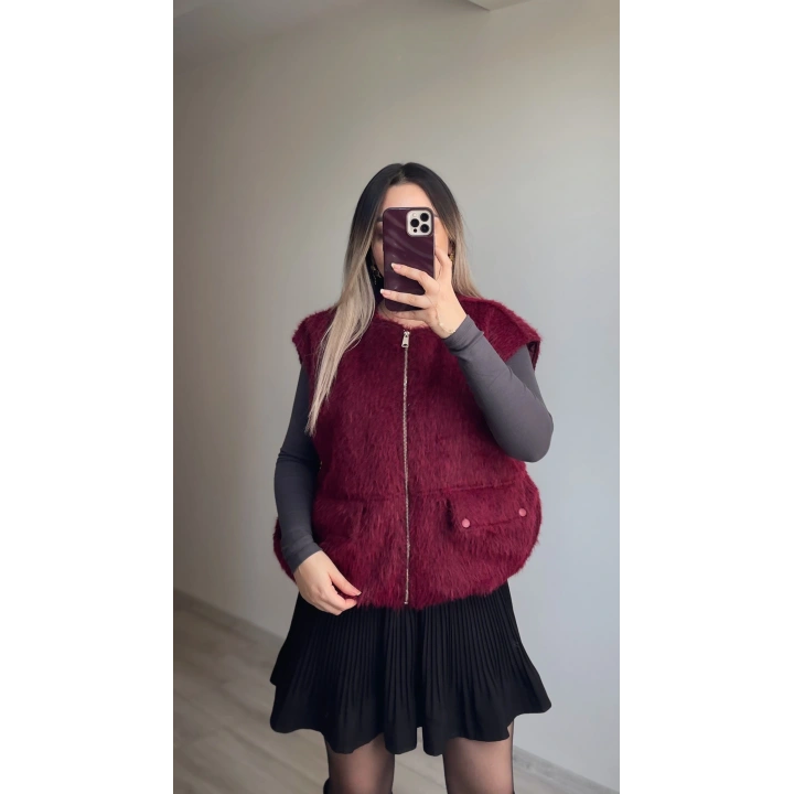 Bordo Tüylü Yelek