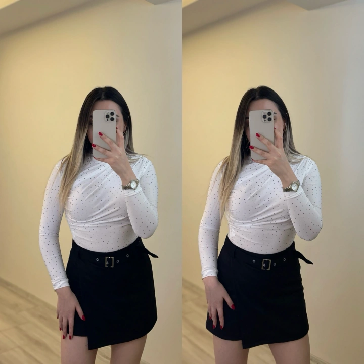 Drapeli Işıltılı Beyaz Bluz