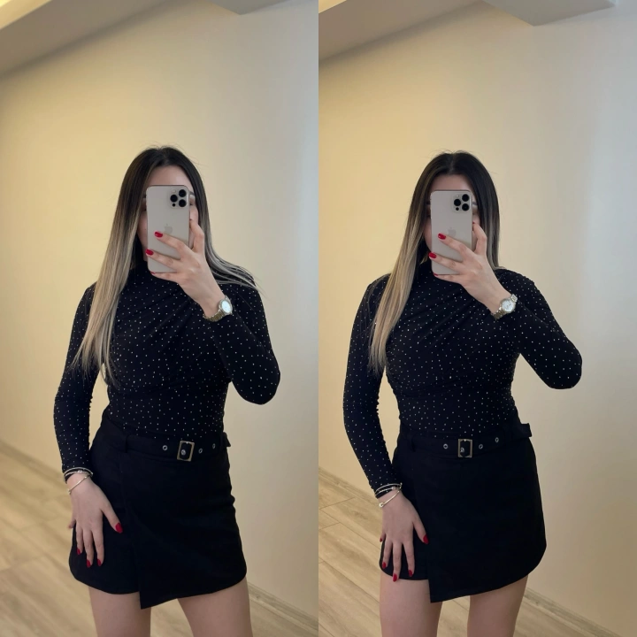 Drapeli Işıltılı Siyah Bluz