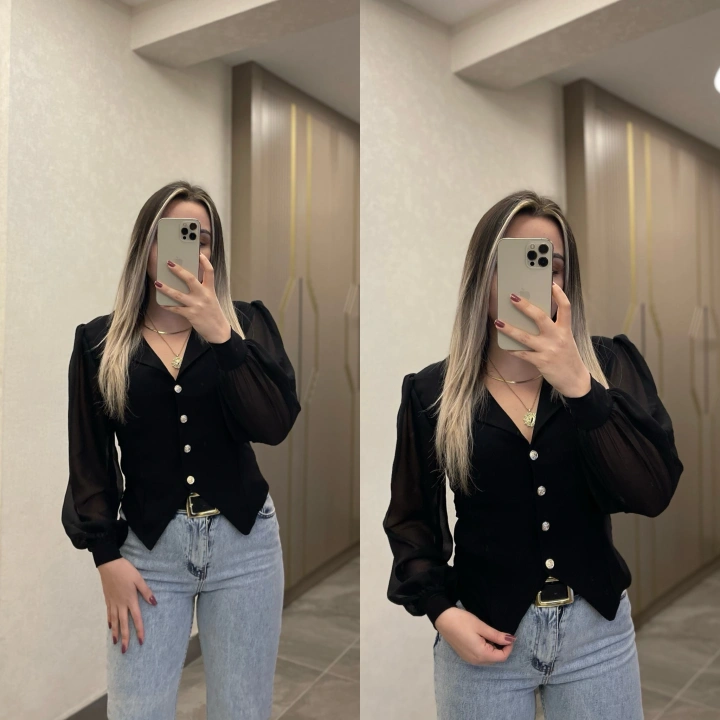 Siyah Kolu Tül Bluz