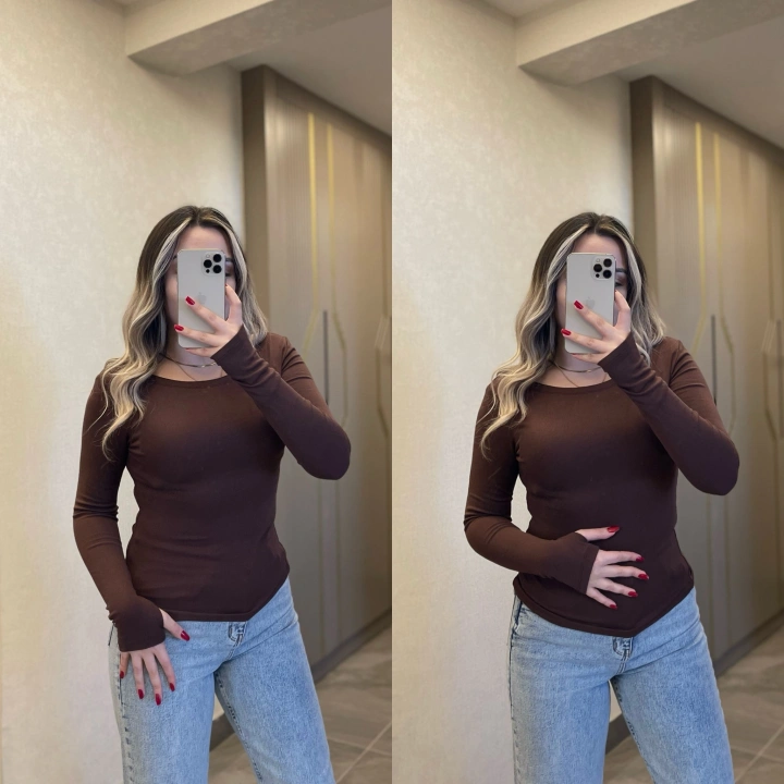 Oys Parmak Geçmeli Kayık Yaka Bluz Kahverengi