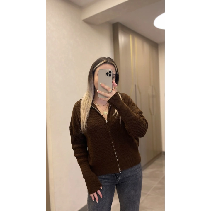 Acı Kahve Çift Fermuarlı Hırka