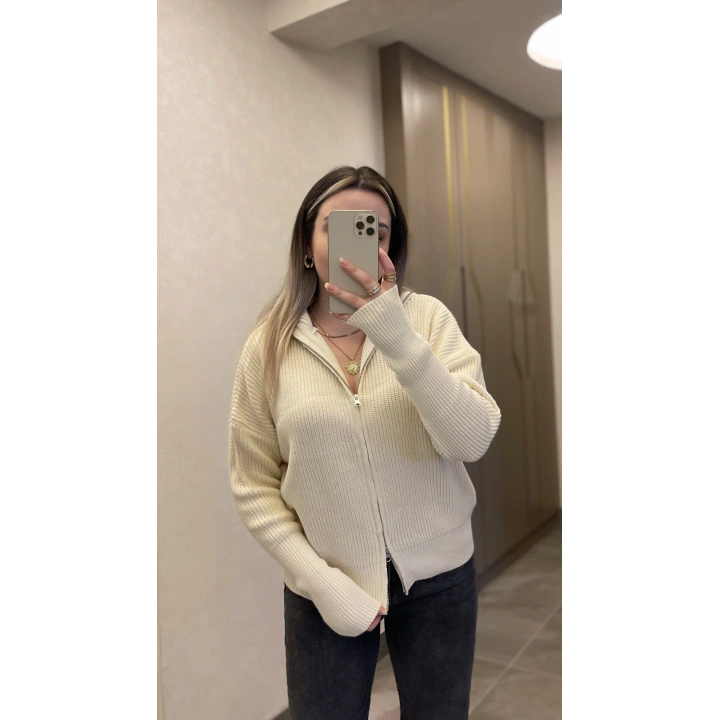 Ekru Çift Fermuarlı Hırka