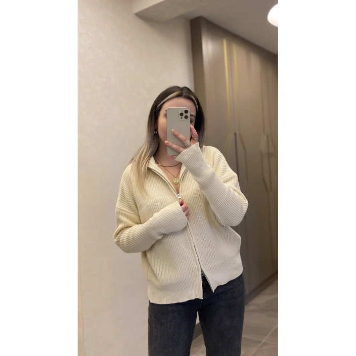 Ekru Çift Fermuarlı Hırka