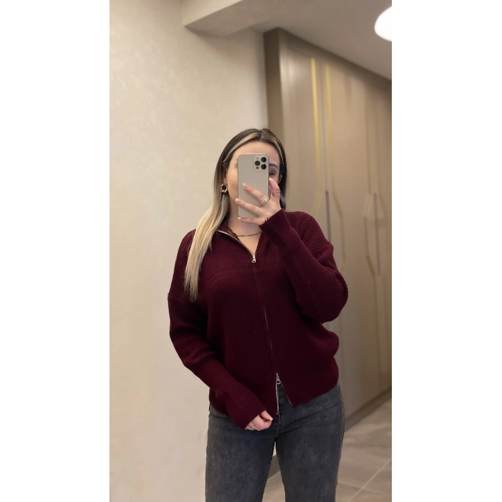 Bordo Çift Fermuarlı Hırka