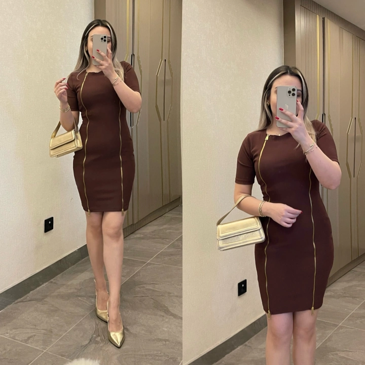 Gold Fermuar Detaylı Kahverengi Elbise