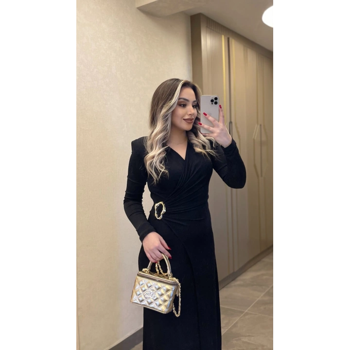 Işıltılı Gold Toka Detaylı Kruvaze Elbise Siyah