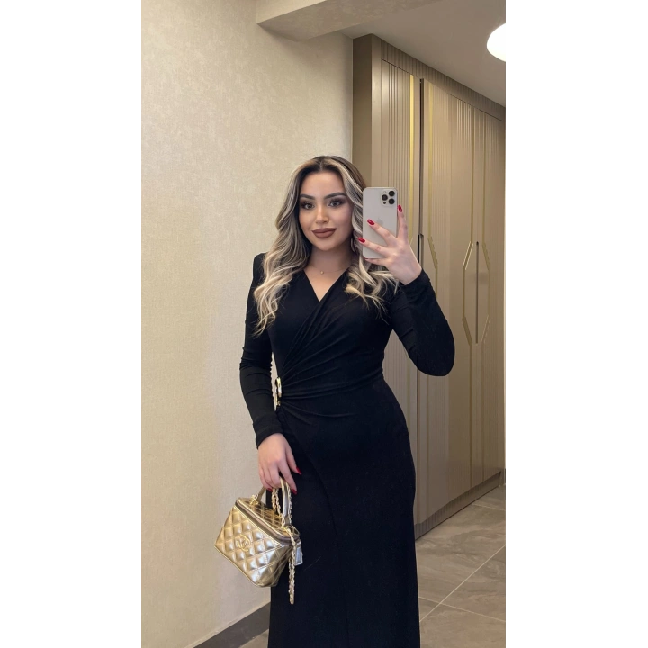 Işıltılı Gold Toka Detaylı Kruvaze Elbise Siyah