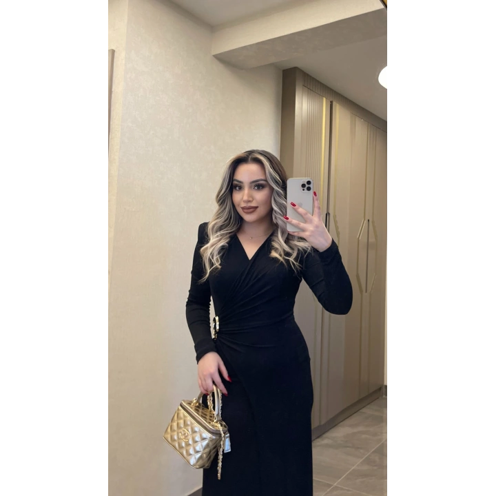 Işıltılı Gold Toka Detaylı Kruvaze Elbise Siyah