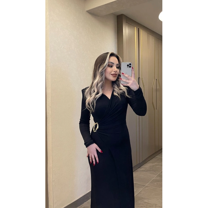 Işıltılı Gold Toka Detaylı Kruvaze Elbise Siyah