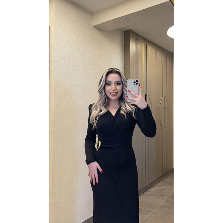 Işıltılı Gold Toka Detaylı Kruvaze Elbise Siyah