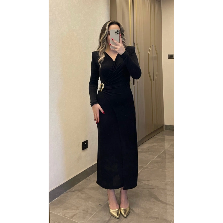 Işıltılı Gold Toka Detaylı Kruvaze Elbise Siyah