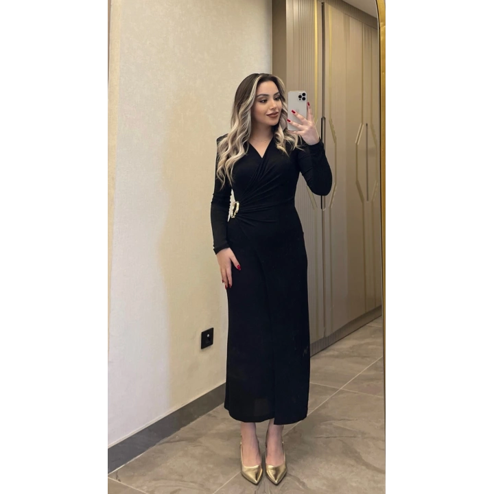 Işıltılı Gold Toka Detaylı Kruvaze Elbise Siyah