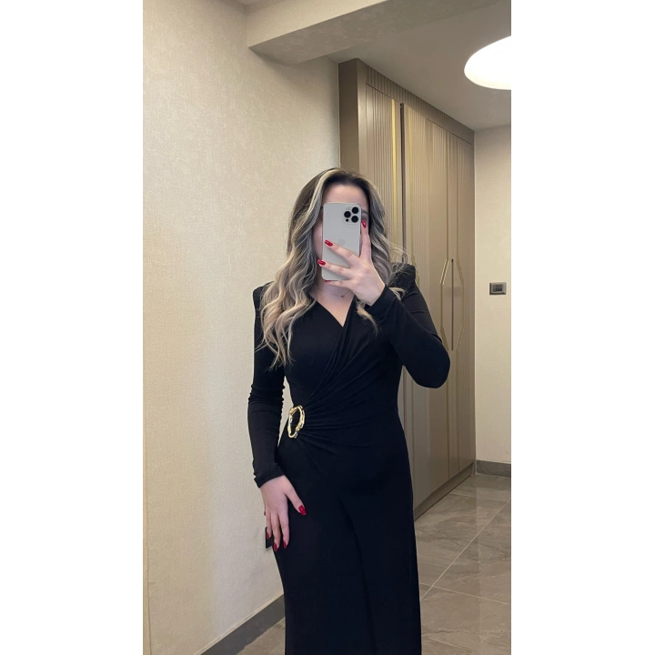 Işıltılı Gold Toka Detaylı Kruvaze Elbise Siyah