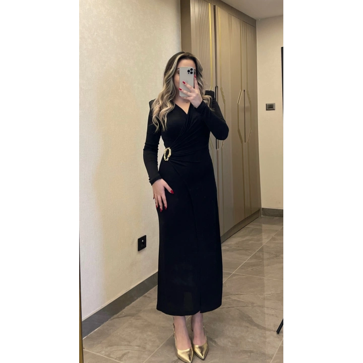 Işıltılı Gold Toka Detaylı Kruvaze Elbise Siyah
