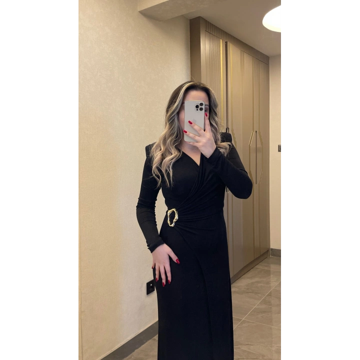 Işıltılı Gold Toka Detaylı Kruvaze Elbise Siyah