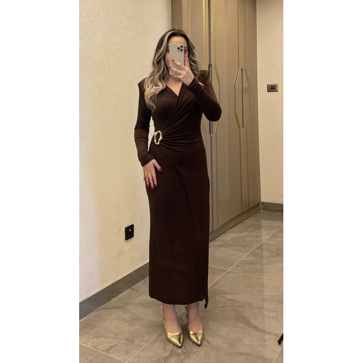 Işıltılı Gold Toka Detaylı Kruvaze Elbise Acı Kahve
