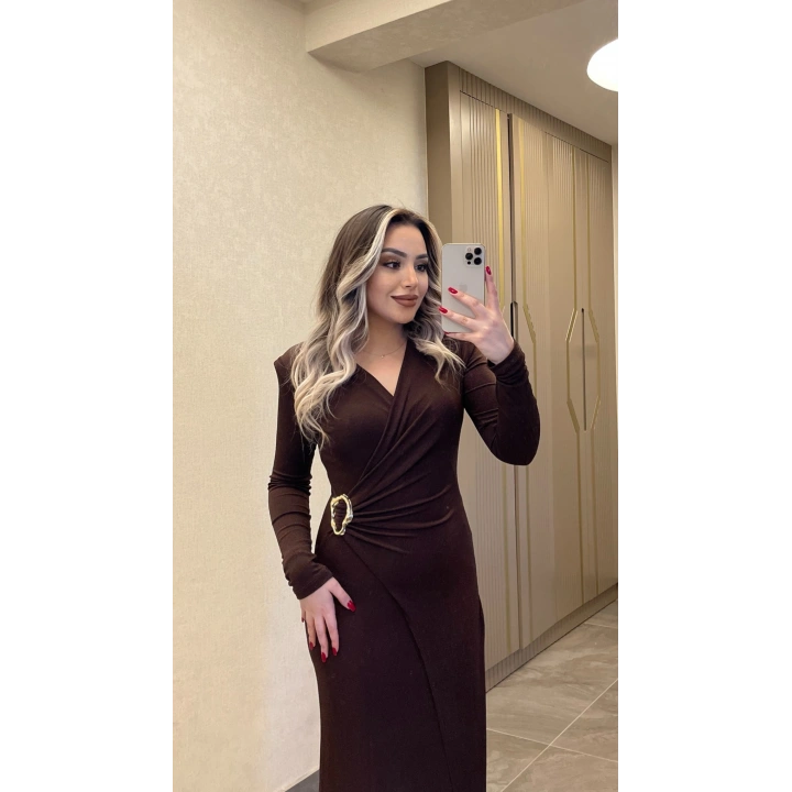 Işıltılı Gold Toka Detaylı Kruvaze Elbise Acı Kahve
