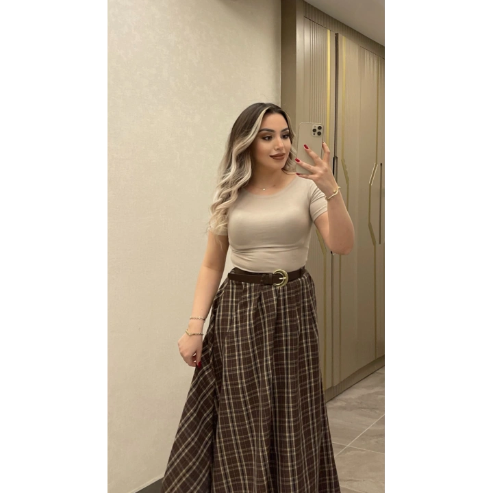 Kahverengi Kemerli Ekose Etek