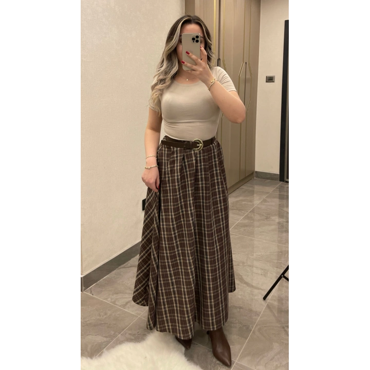 Kahverengi Kemerli Ekose Etek