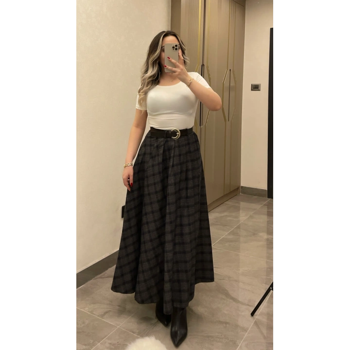 Siyah Kemerli Ekose Etek