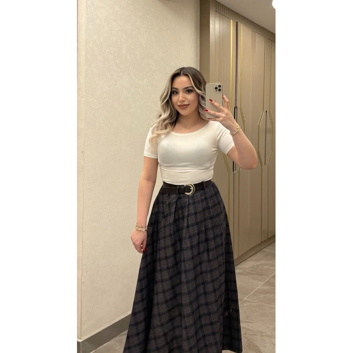 Siyah Kemerli Ekose Etek