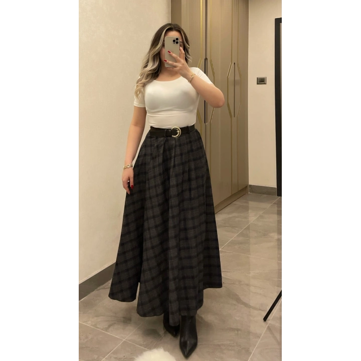 Siyah Kemerli Ekose Etek