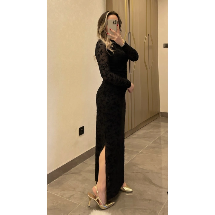 Siyah Dantel Detaylı Transparan Elbise