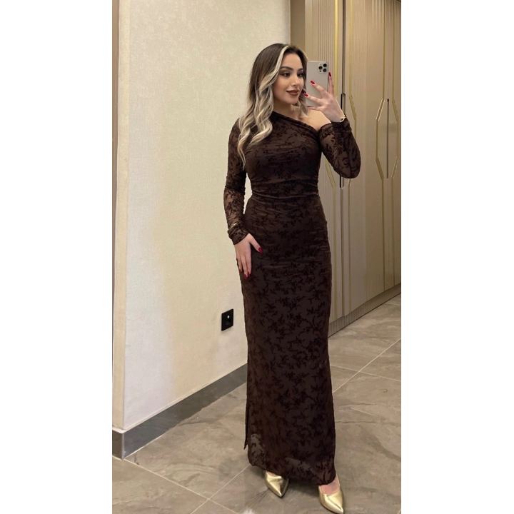 Acı Kahve Dantel Detaylı Transparan Elbise