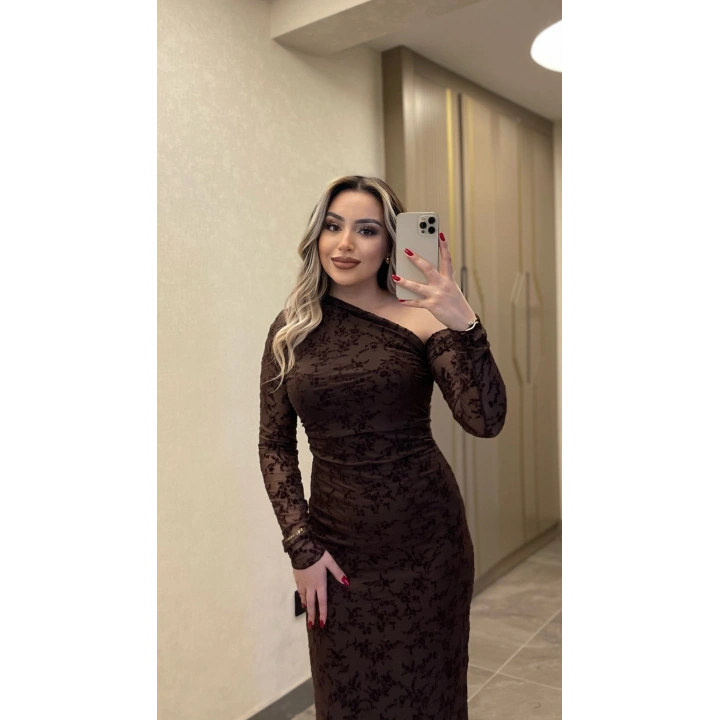 Acı Kahve Dantel Detaylı Transparan Elbise