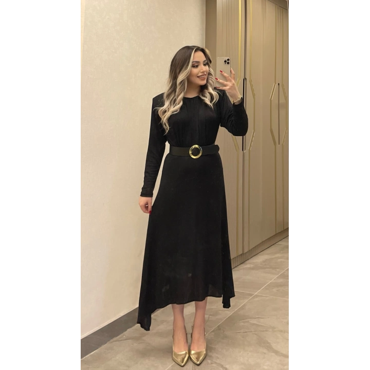 Kemerli Siyah Işıltılı Elbise