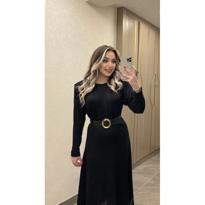 Kemerli Siyah Işıltılı Elbise